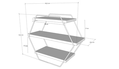 Mensola esagonale industrial in legno con cornice in metallo 3 piani cm 60x20x52h