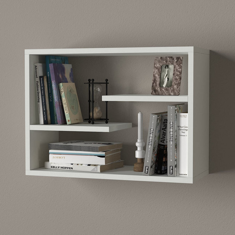 Mensola da parete in stile moderno in legno design rettangolare divisa in 4 ripiani di diversa dimensione, disponibile in bianco opaco e noce scuro opaco. Dimensioni cm 60x20x44h