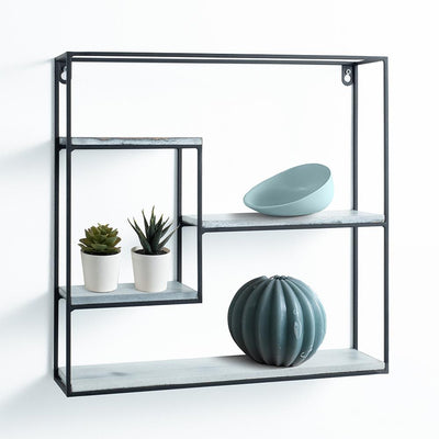 Mensola da parete quadrata in metallo con piani in legno massello colore nero e bianco cm 40x10x40h