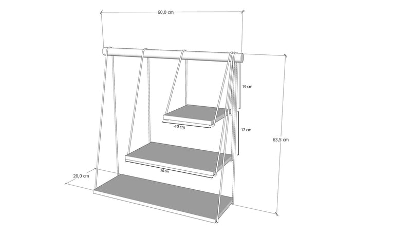 Mensola sospesa da parete design dondolo legno e metallo 3 ripiani cm 60x20x64h