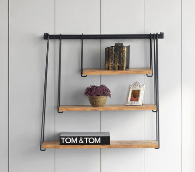 Mensola sospesa da parete design dondolo legno e metallo 3 ripiani cm 60x20x64h