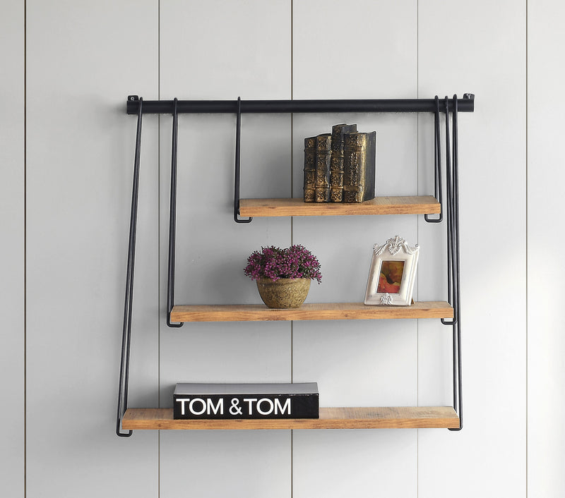 Mensola sospesa da parete design dondolo legno e metallo 3 ripiani cm 60x20x64h