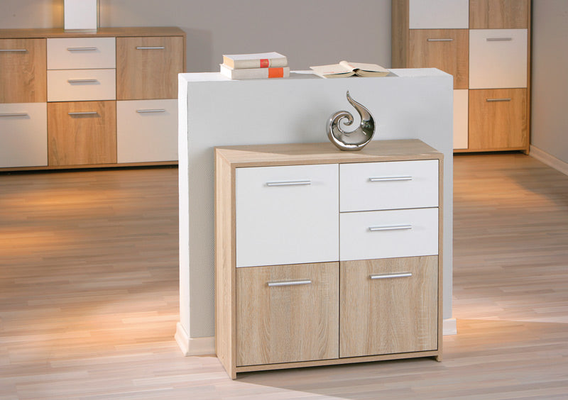 Kaua - Mobile buffet moderno da soggiorno colore bianco e rovere cm 77x30x77h