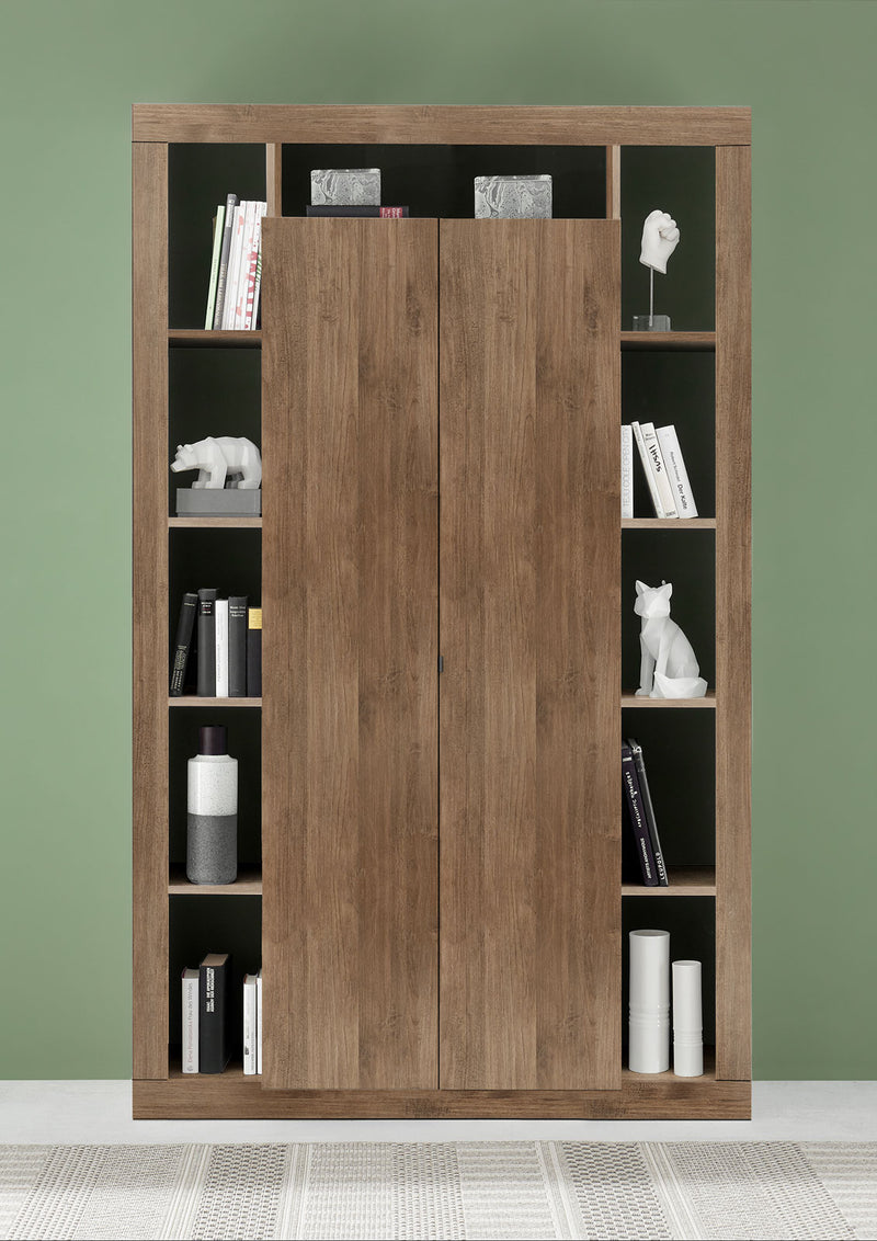 madia alta 2 ante con libreria in legno rovere scuro