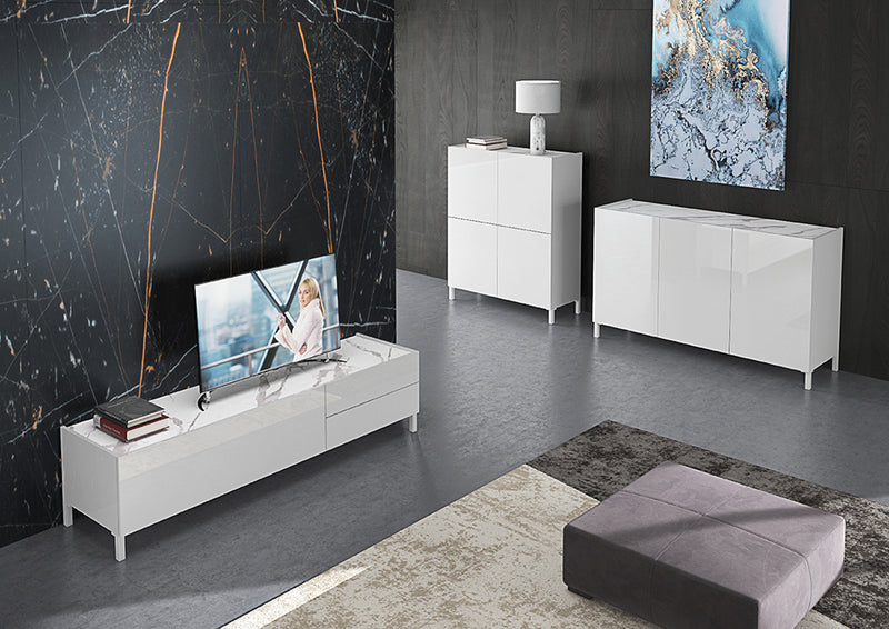 Madia 3 ante in legno bianco lucido e finitura marmo calacatta cm 130x40x84h