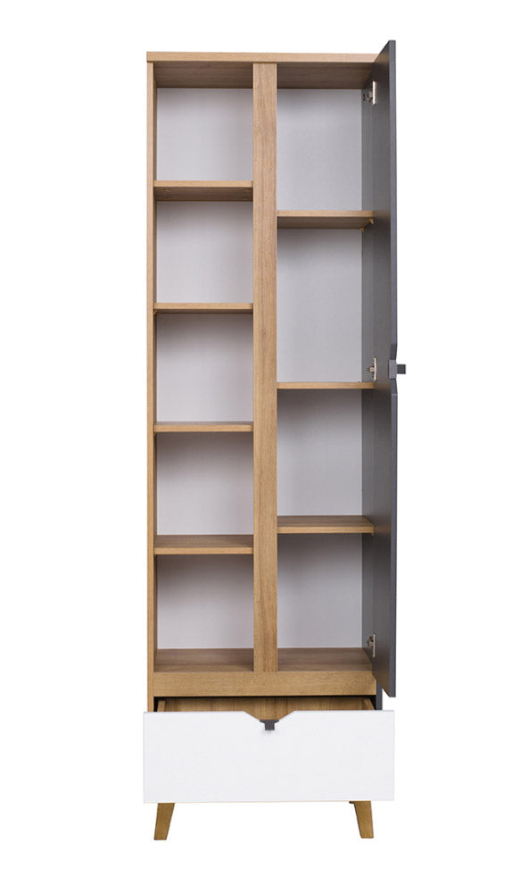 mobile libreria con anta cassetto e vani a giorno bianco opaco grigio e naturale oak