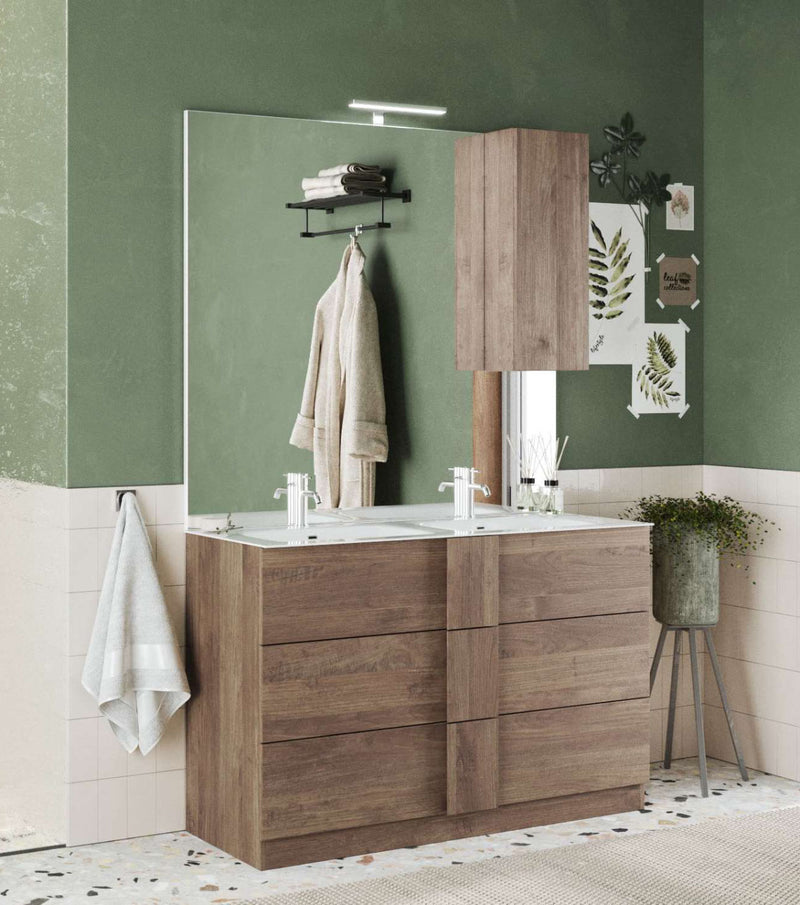 Viskan - Mobile 2 lavabi da bagno con 3 cassetti in legno rovere cm 121x47x84h