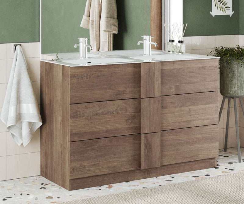 mobile bagno 3 cassetti moderno in legno rovere con 2 lavabi