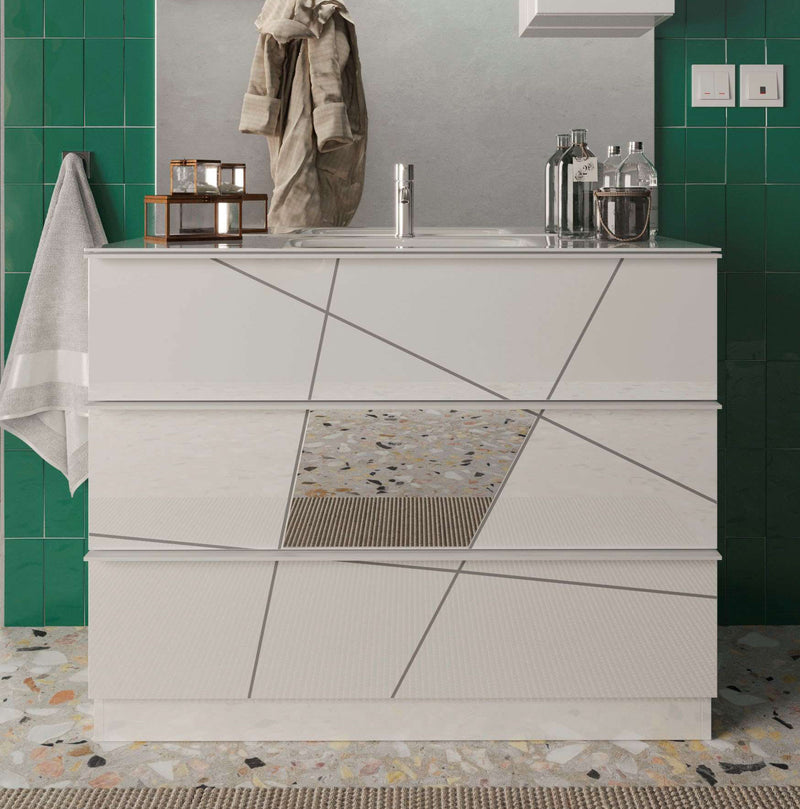 mobile bagno a terra moderno 3 cassetti con lavabo in bianco con serigrafia geometrica