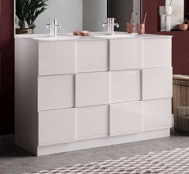 mobile bagno con 3 cassetti in legno bianco lucido e doppio lavabo