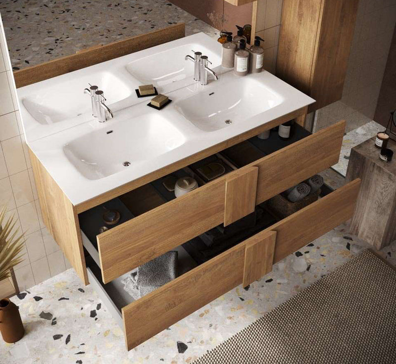 Viskan - Mobile 2 lavabi da bagno con 3 cassetti in legno rovere cm 121x47x84h