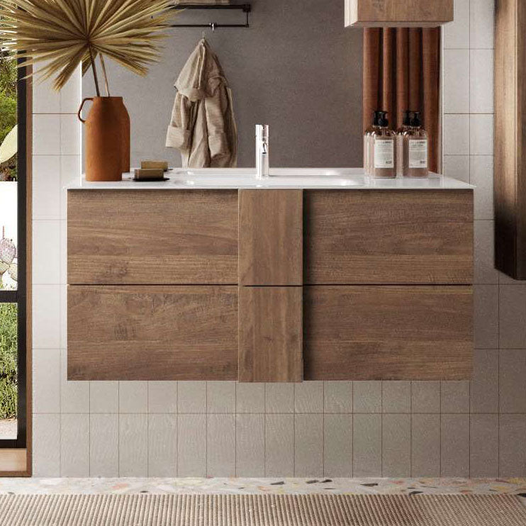 mobile sospeso da bagno con lavabo 2 cassetti in legno rovere scuro