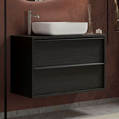 mobile sospeso 2 cassetti con lavabo in legno nero frassinato
