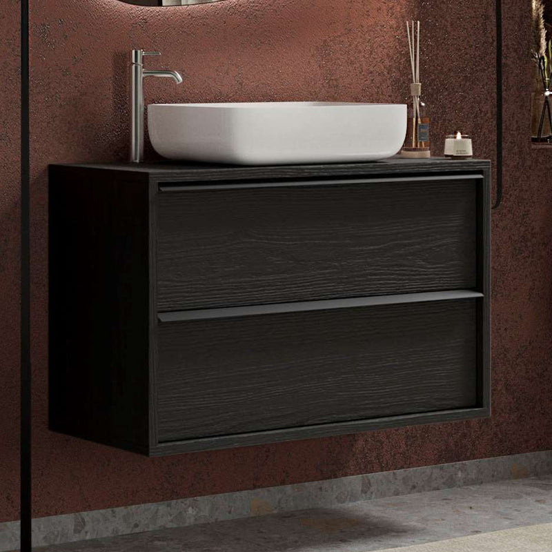 mobile sospeso 2 cassetti con lavabo in legno nero frassinato