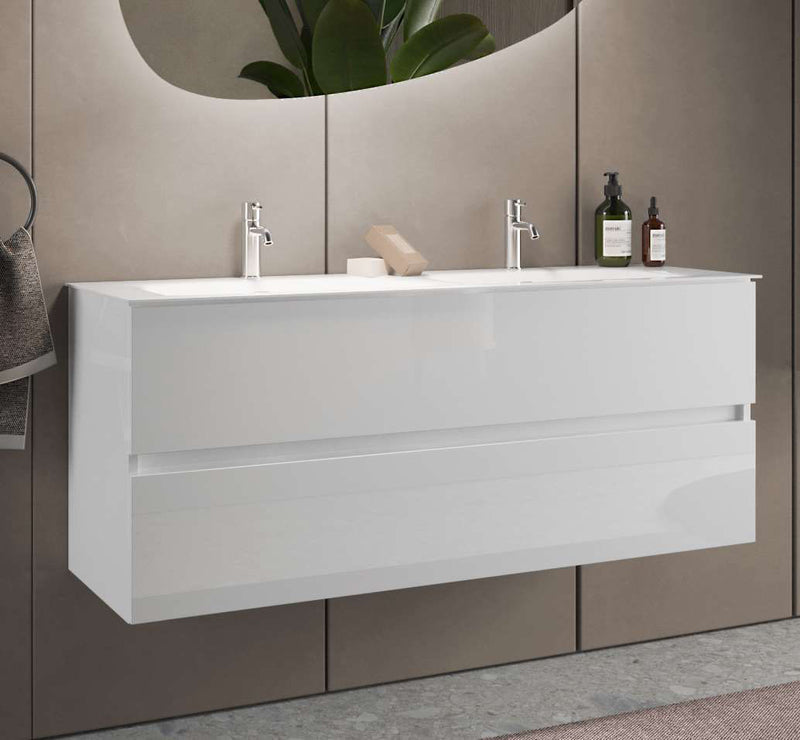 mobile per bagno sospeso 2 cassetti con 2 lavabi in legno bianco lucido design moderno e lineare