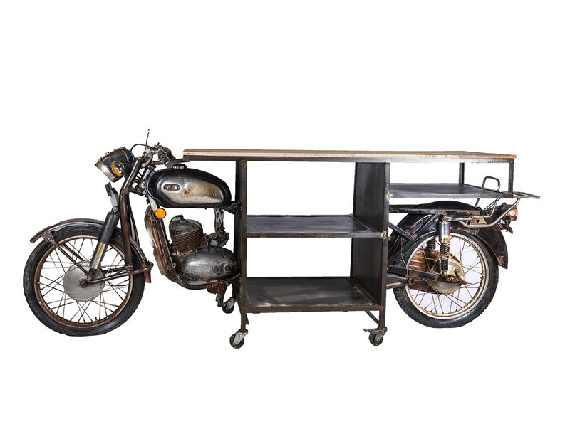 Mobile moto vintage con piano in legno e ripiani in metallo cm 260x49x104h