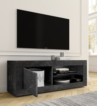 Birty - Porta tv moderno con anta e vano in legno marmo nero cm 140x43x56h