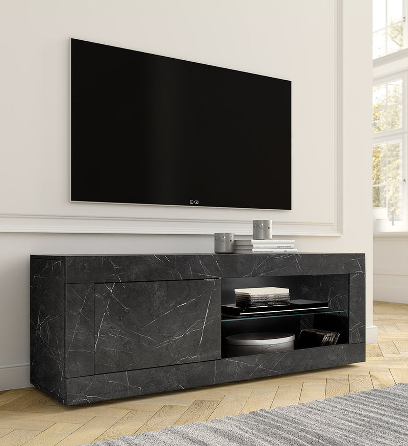 Birty - Porta tv moderno con anta e vano in legno marmo nero cm 140x43x56h