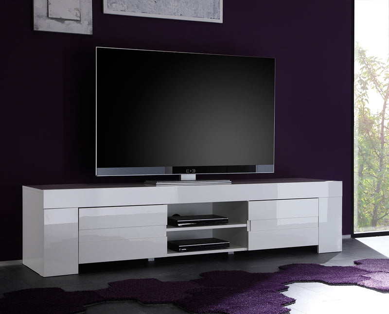 Monir - Mobile porta tv con ante e ripiani centrali bianco lucido cm 191x50x45h