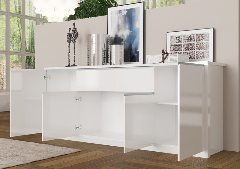 Creola - Madia buffet da soggiorno in legno 4 ante e cassetto colore bianco lucido cm 210x45x85h