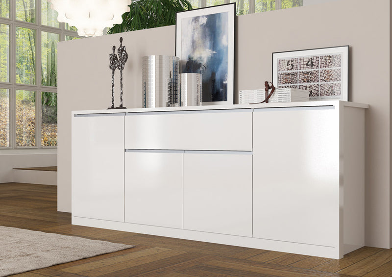 Creola - Madia buffet da soggiorno in legno 4 ante e cassetto colore bianco lucido cm 210x45x85h