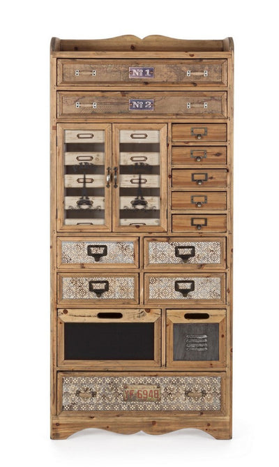 Mobile cassettiera con anta vetrata e 12 cassetti in legno stile industriale cm 66x33x152h