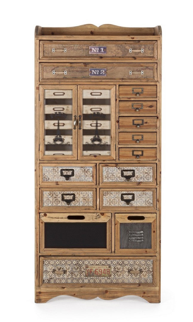 Mobile cassettiera con anta vetrata e 12 cassetti in legno stile industriale cm 66x33x152h