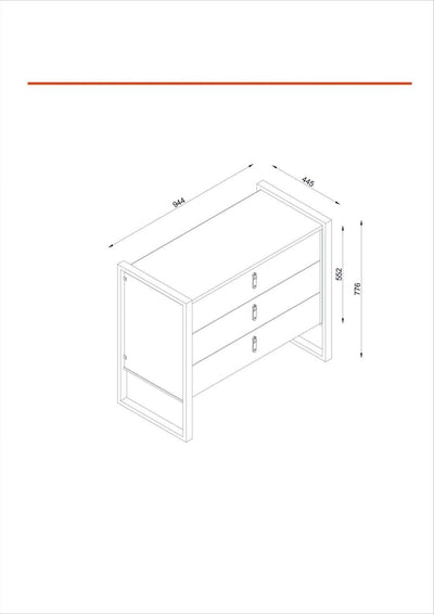 Cassettiera design a 3 cassetti in legno con gambe in metallo noce scuro cm 94x44x78h