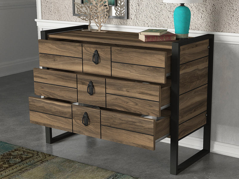 Cassettiera design a 3 cassetti in legno con gambe in metallo noce scuro cm 94x44x78h