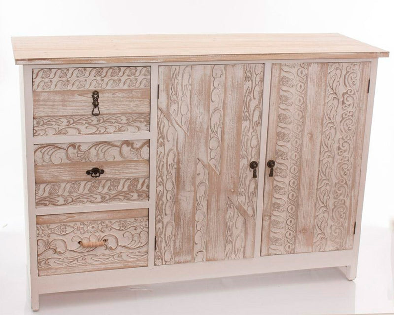 Mobile credenza in legno colore naturale 2 ante e 3 cassetti stile etnico cm 120x40x84h