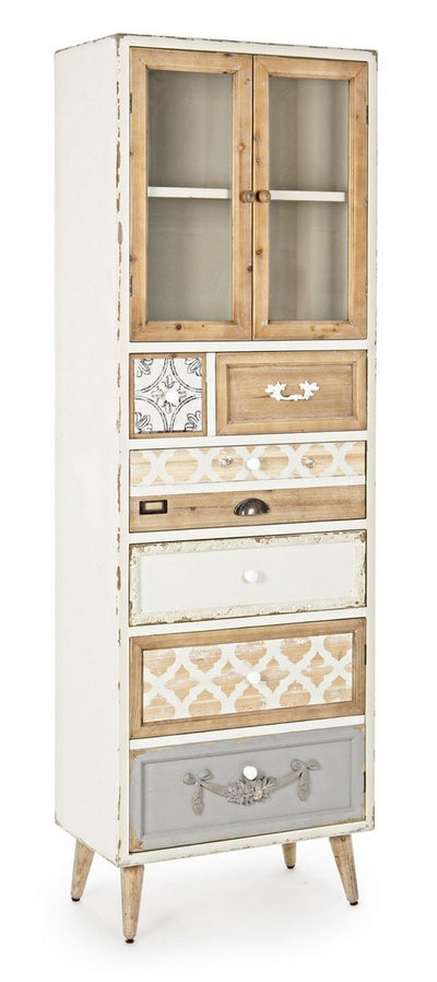 Mobile con vetrinetta e cassetti stile vintage in legno frontali decorati cm 60x35x183h