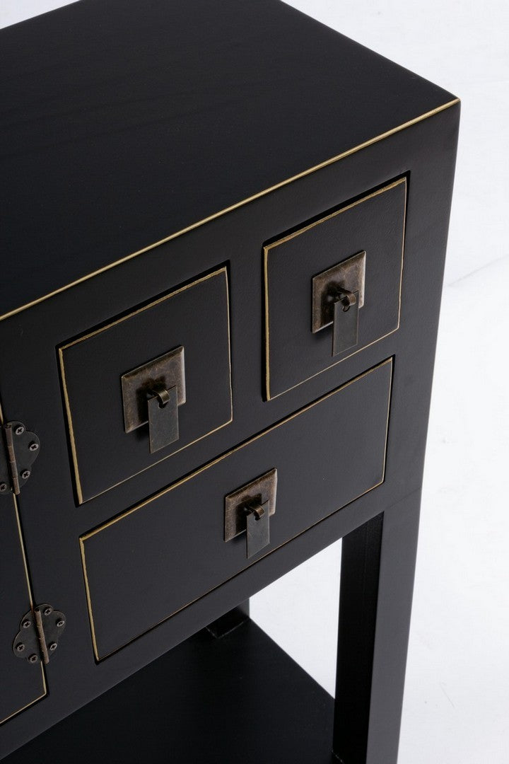 Consolle mobiletto da ingresso ante e cassetti in legno nero con bordino dorato cm 94x24x78h
