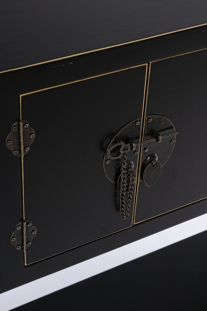 Consolle mobiletto da ingresso ante e cassetti in legno nero con bordino dorato cm 94x24x78h