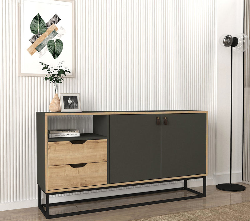 Credenza design bicolore 2 cassetti e 2 ante con gambe in metallo cm 150x35x80h