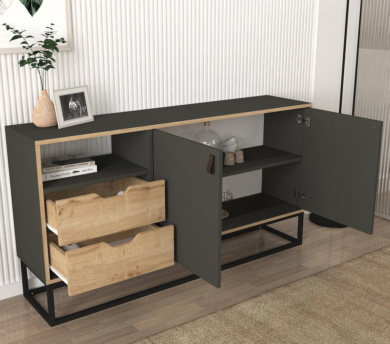 Credenza design bicolore 2 cassetti e 2 ante con gambe in metallo cm 150x35x80h