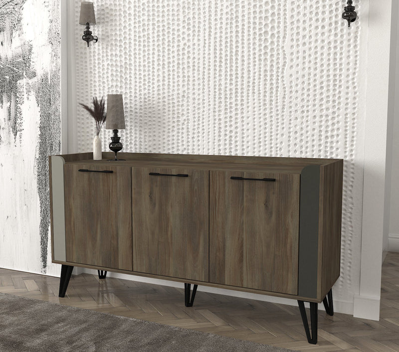 Madia a 3 ante in legno design con gambe in metallo finitura noce scuro cm 150x45x80h
