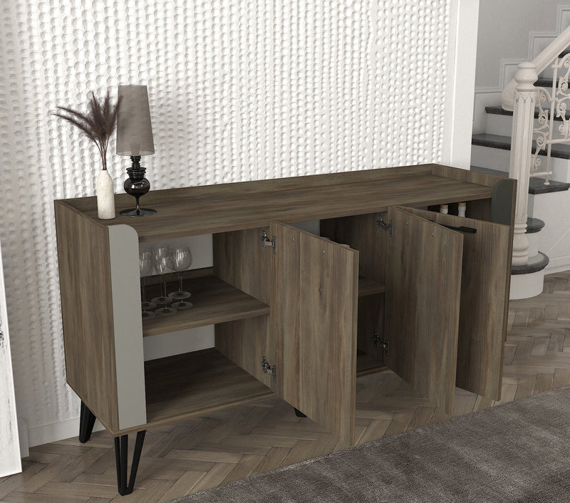 Madia a 3 ante in legno design con gambe in metallo finitura noce scuro cm 150x45x80h