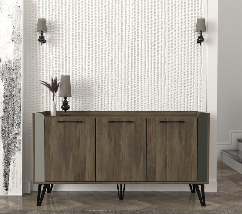 Madia a 3 ante moderna in legno colore noce scuro opaco con gambe in metallo nero opaco