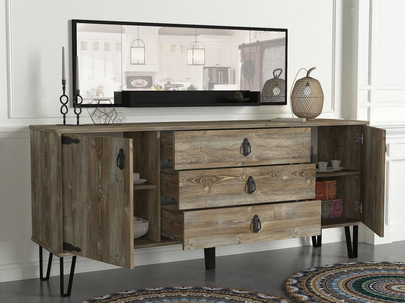 Set mobile credenza con ante e cassetti e specchio decorativo da parete design vintage