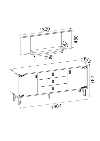 Set mobile credenza con ante e cassetti e specchio decorativo da parete design vintage