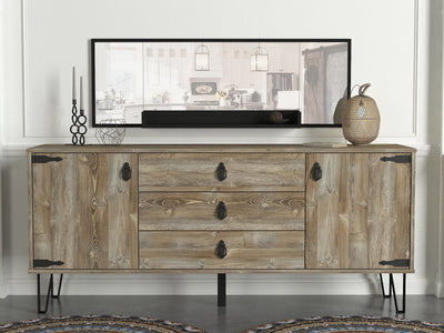 Composizione per ingresso e soggiorno formato da un mobile buffet a 3 cassetti centrali 2 ante laterali in legno finitura rovere vintage opaco e gambe in metallo, cm 180x45x78h. Specchio incluso rettangolare da parete con mensola integrata, color nero opaco cm 132x45h