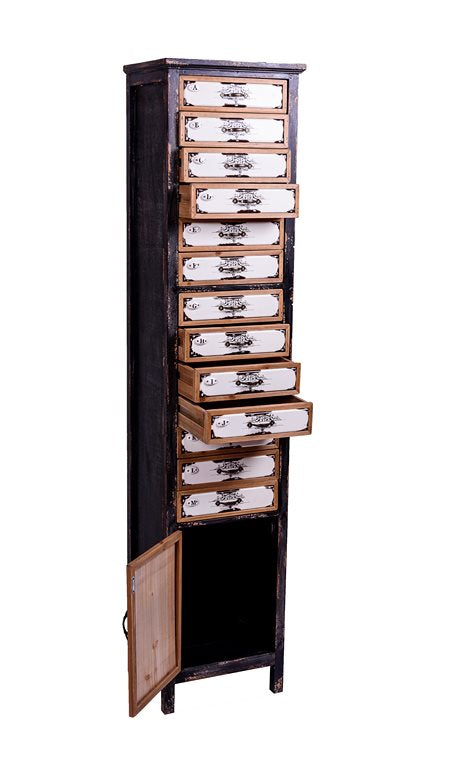 Mobile cassettiera stile industrial in legno con 13 cassetti e 1 anta cm 40X32X177h