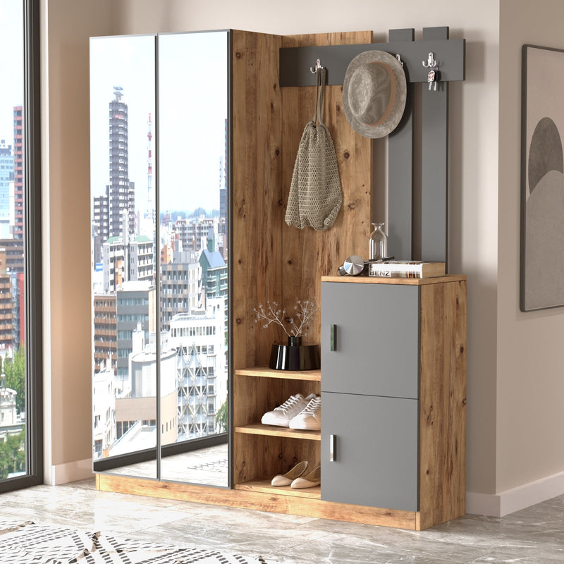 Mobile ingresso design con 2 ante a specchio e appendiabiti cm 147x38x180h - vari colori