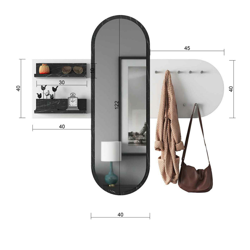 Set ingresso da muro con specchio mensole e appendiabiti cm 125x12x120h - vari colori