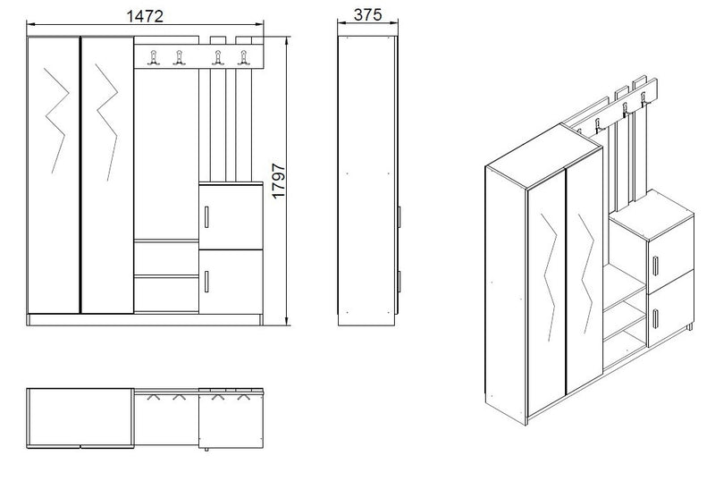 Mobile ingresso design con 2 ante a specchio e appendiabiti cm 147x38x180h - vari colori