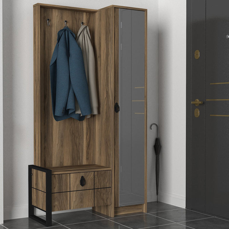 Armadietto per ingresso moderno con anta a specchio e appendiabiti cm 90x35x180h