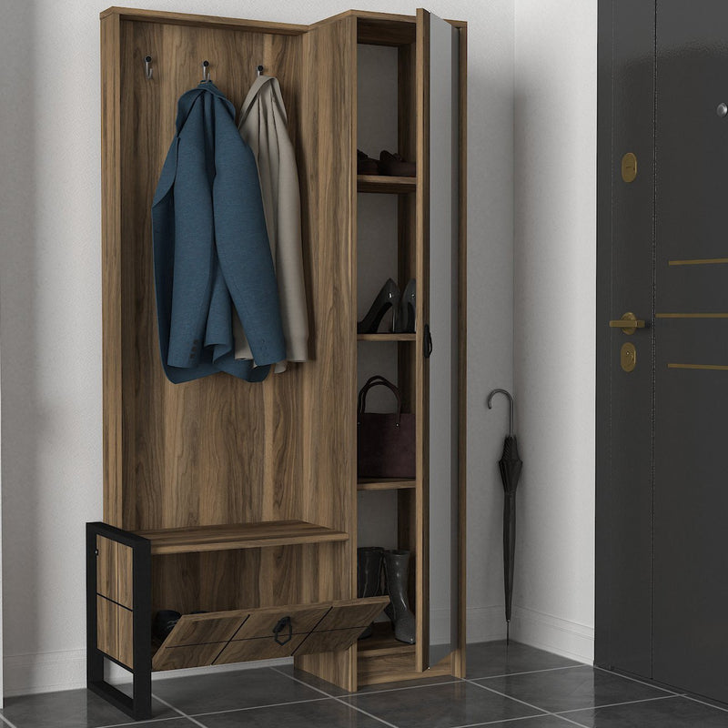 Armadietto per ingresso moderno con anta a specchio e appendiabiti cm 90x35x180h