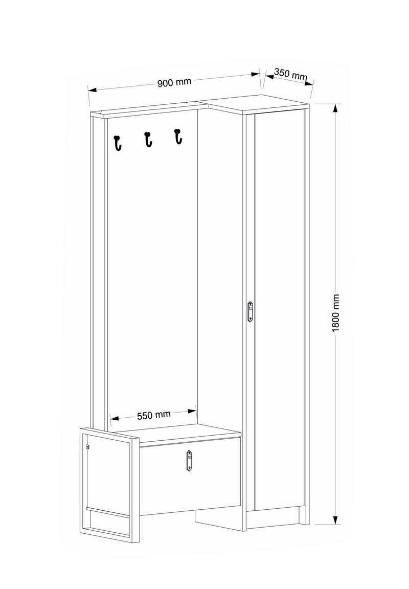 Armadietto per ingresso moderno con anta a specchio e appendiabiti cm 90x35x180h