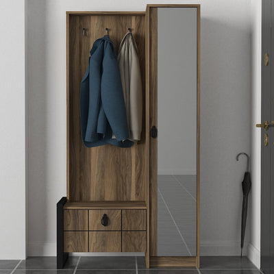 Mobile ingresso alto in stile moderno in legno con anta a specchio, 3 ganci appendiabiti e scarpiera con anta a ribalta. Dimensioni cm 90x35x180h