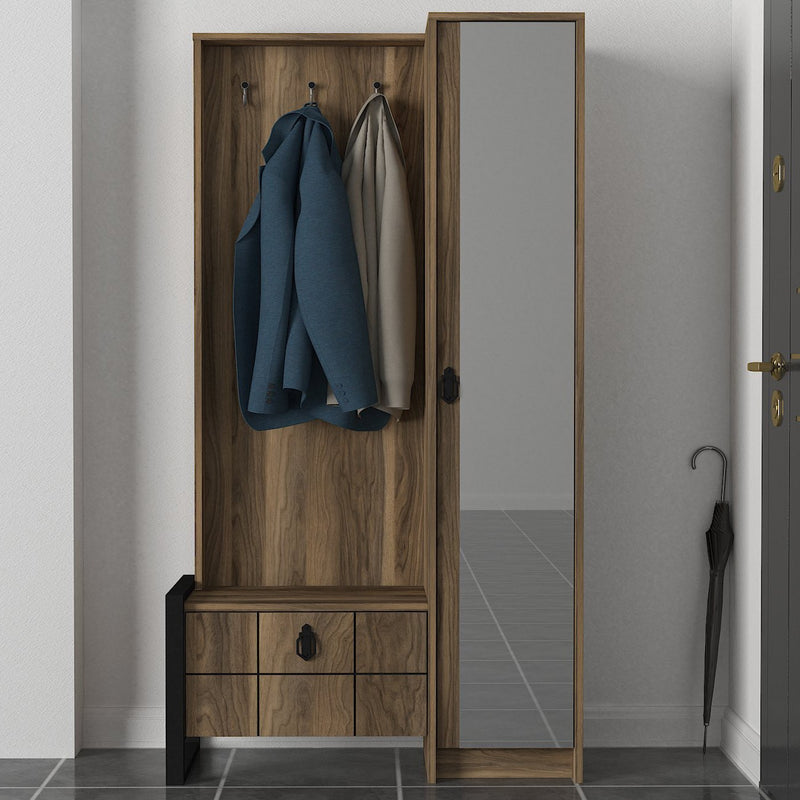 Mobile ingresso alto in stile moderno in legno con anta a specchio, 3 ganci appendiabiti e scarpiera con anta a ribalta. Dimensioni cm 90x35x180h